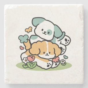 Happy Puppies Rolling Into May – Kawaii Dog Art Stone Coaster