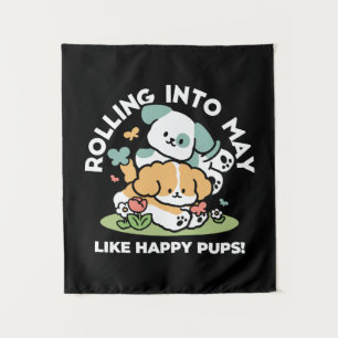 Happy Puppies Rolling Into May – Kawaii Dog Art Tapestry