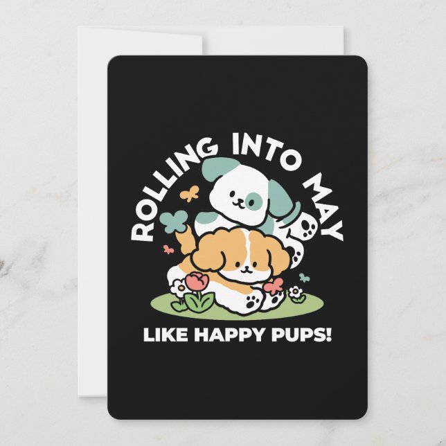 Happy Puppies Rolling Into May – Kawaii Dog Art Thank You Card (Front)