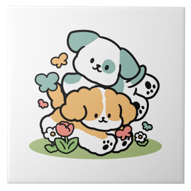 Happy Puppies Rolling Into May – Kawaii Dog Art Tile (Front)