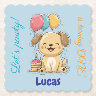 Happy Puppy, Boy, Let's Pawty, 1st Birthday Paper Coaster