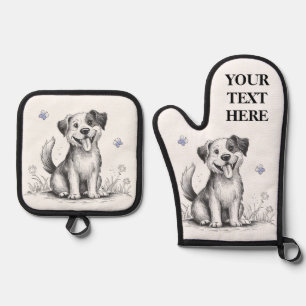 Happy Puppy Dog Personalise Name Text Blue Oven Mitt & Pot Holder Set