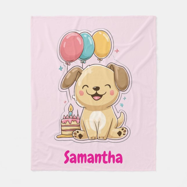 Happy Puppy, Girl, 1st Birthday Gift, Personalized Fleece Blanket (Front)