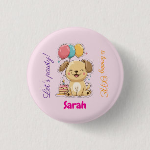 Happy Puppy, Girl, Let's Pawty, 1st Birthday  3 Cm Round Badge