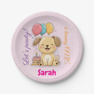 Happy Puppy, Girl, Let's Pawty, 1st Birthday Paper Plate