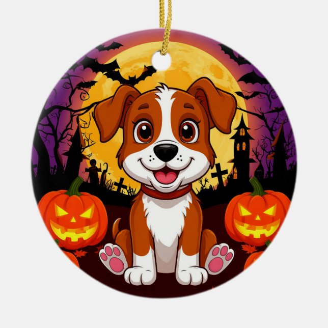 Happy Puppy in a Halloween Setting with Pumpkins Ceramic Tree Decoration (Front)