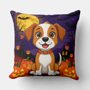 Happy Puppy in a Halloween Setting with Pumpkins Cushion