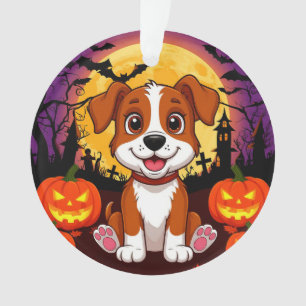 Happy Puppy in a Halloween Setting with Pumpkins Ornament