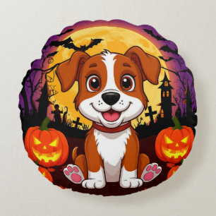 Happy Puppy in a Halloween Setting with Pumpkins Round Cushion