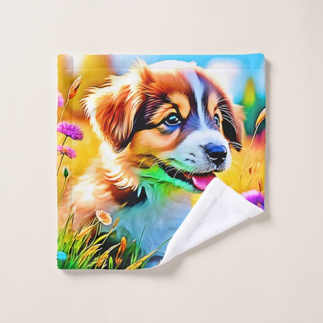 Happy Puppy Meadow Design Bath Towel Set (Wash Cloth)
