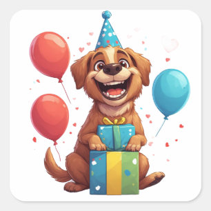 🎈 Happy Puppy Party With Balloons And Gift Square Sticker