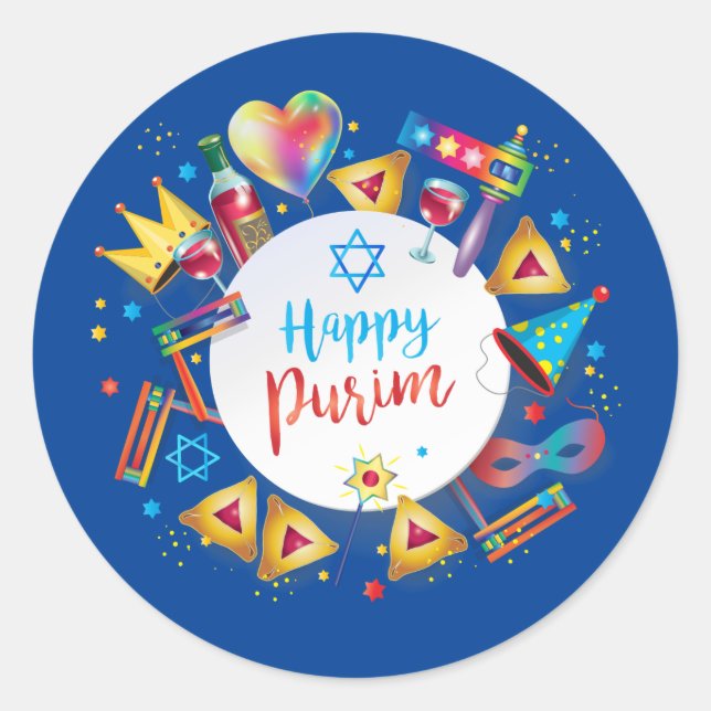 Happy Purim Basket Gifts, Decoration, Ornaments Classic Round Sticker (Front)
