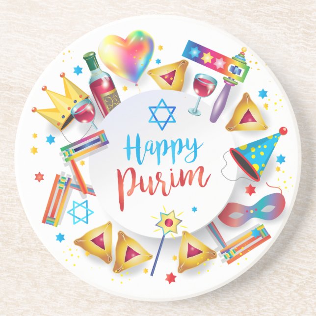 Happy Purim Basket Gifts, Decoration, Ornaments Coaster (Front)