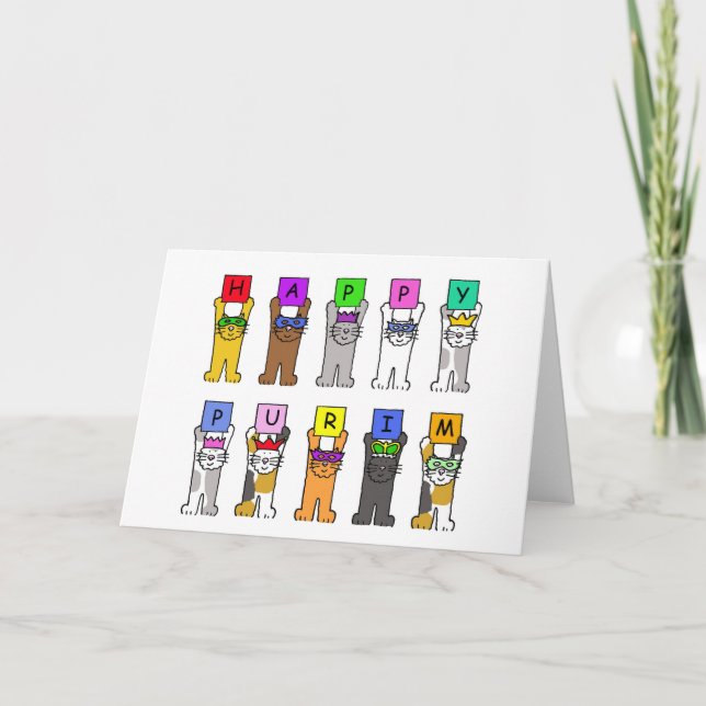 Happy Purim Cartoon Cats in Masks and Hats Card (Front)