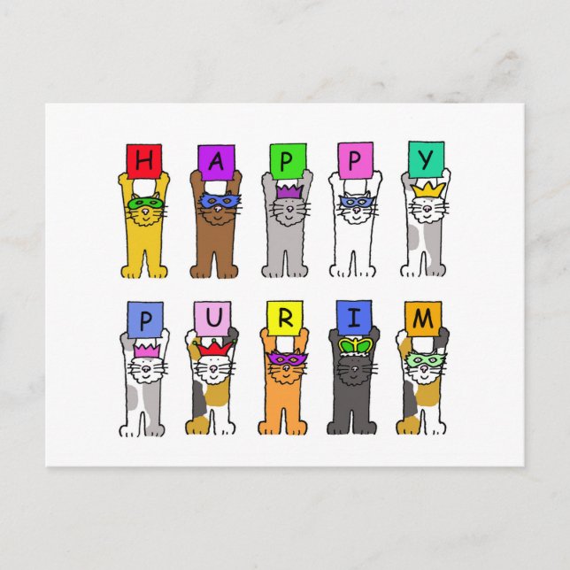 Happy Purim Cartoon Cats in Masks and Hats Postcard (Front)