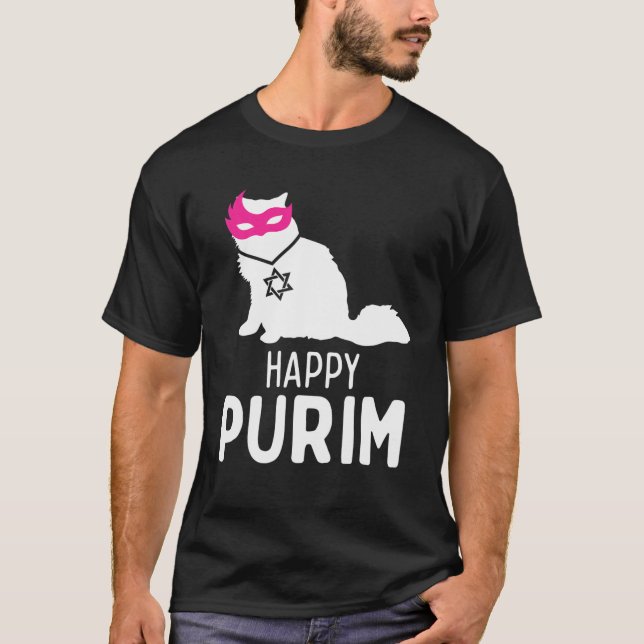 Happy Purim Costume Idea Funny Cat Hebrew Jewish H T-Shirt (Front)