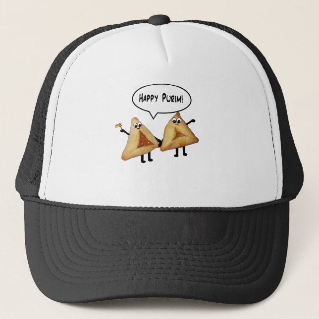 Happy Purim Cute Smiling Hamentaschen Cartoon Trucker Hat (Front)