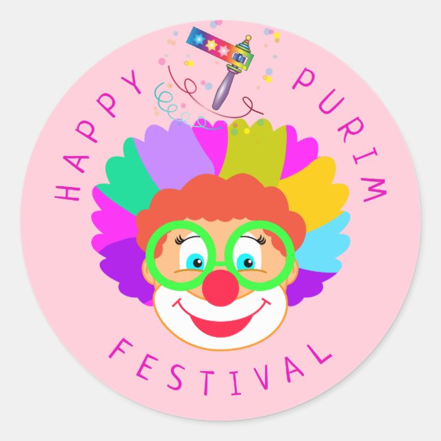 Happy Purim Festival Funny Clown Kids Party Classic Round Sticker (Front)