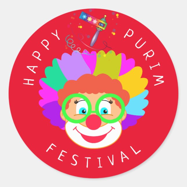 Happy Purim Festival Funny Clown Kids Party Classic Round Sticker (Front)