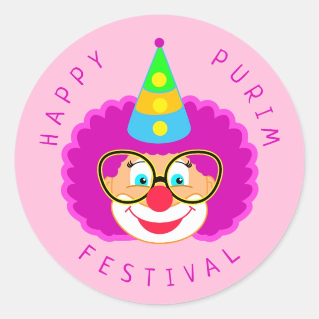 Happy Purim Festival Funny Clown Kids Party Classic Round Sticker (Front)