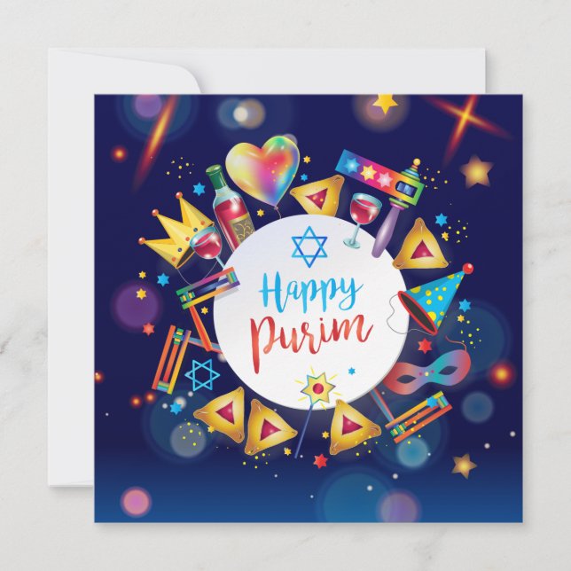 Happy Purim Festival Hamantaschen & Gragger Hebrew Holiday Card (Front)