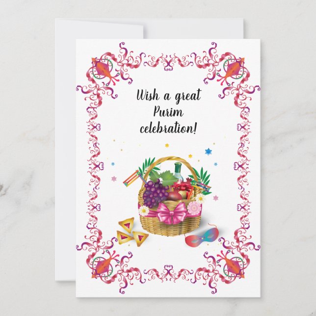 Happy Purim Festival Hamantaschen & Gragger Hebrew Holiday Card (Front)