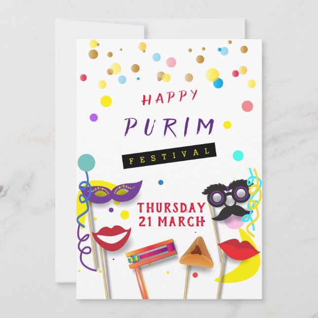 Happy Purim Festival Masquerade Kids Party Holiday Card (Front)