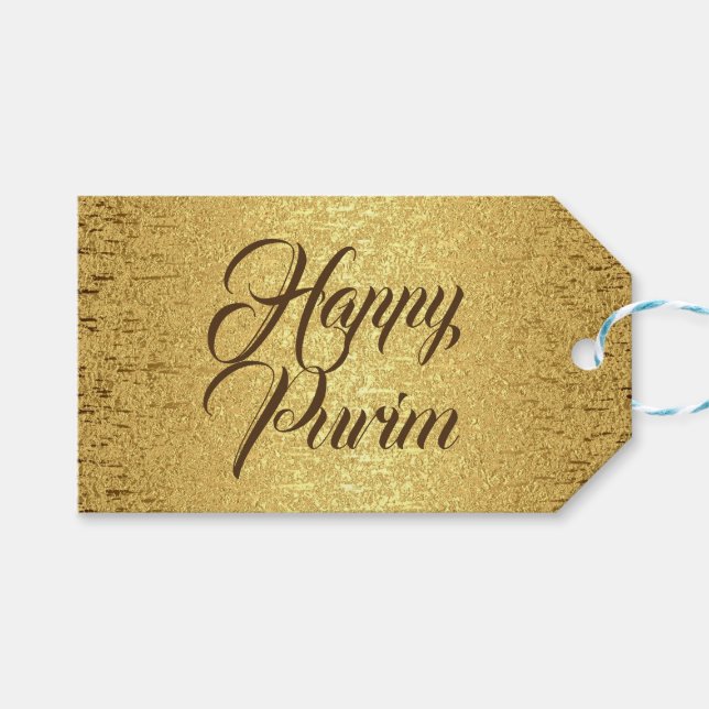 Happy Purim Gift Tag Gold Brown Foil (Front (Horizontal))