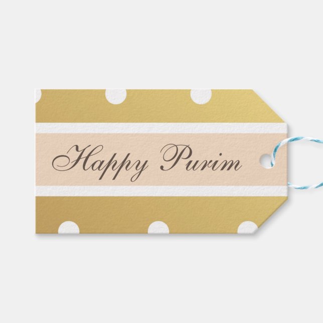 Happy Purim Gift Tag Gold Polka Dots (Front (Horizontal))