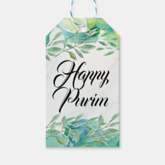 Happy Purim Gift Tag Watercolor Green Gold