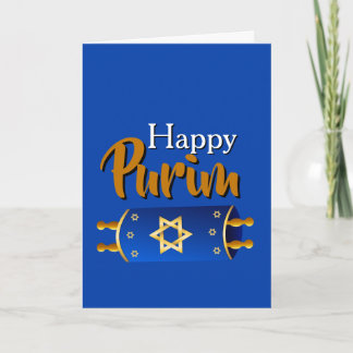 Happy Purim Greeting Card - Blue Gold Torah Scroll