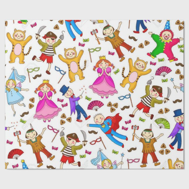 Happy Purim Kids In Costume Wrapping Paper (Seam)