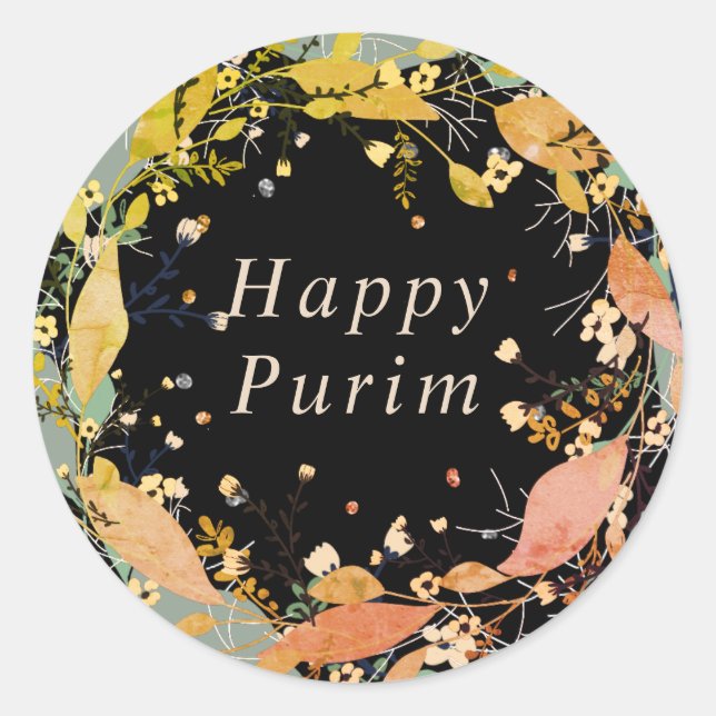 Happy Purim leaf floral wreath Jewish sticker (Front)