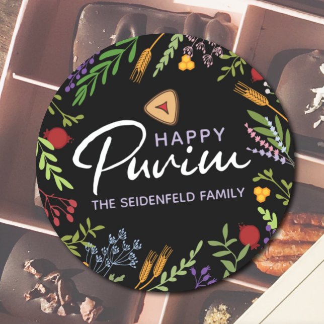 Happy Purim Personalised Floral Label on Black (Creator Uploaded)