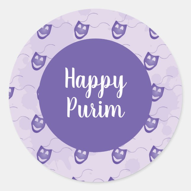 Happy Purim - Purple happy funny mask pattern Classic Round Sticker (Front)