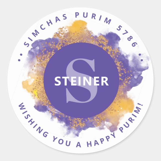  Happy Purim Purple Personalized Monogram Classic Round Sticker (Front)