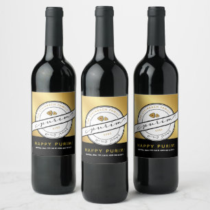 HAPPY PURIM Script Personalised Gold Wine Label