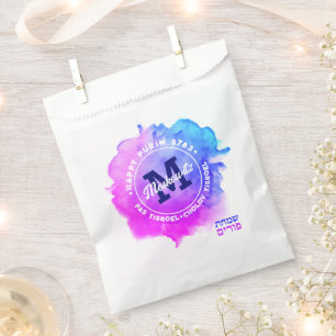 Happy Purim Watercolor Monogram Kosher Info Favour Bags