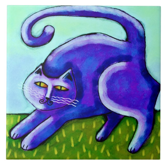 Happy Purple Cat Abstract Painting Tile (Front)