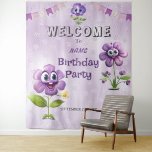 Happy Purple Flowers Birthday Party Backdrop Tapestry