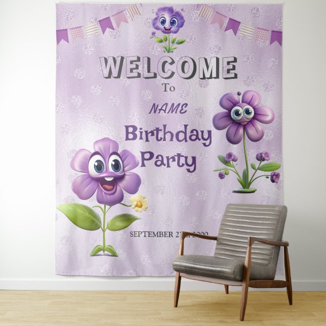Happy Purple Flowers Birthday Party Backdrop Tapestry (In Situ)