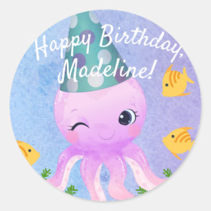 Happy Purple Octopus Birthday Classic Round Sticker