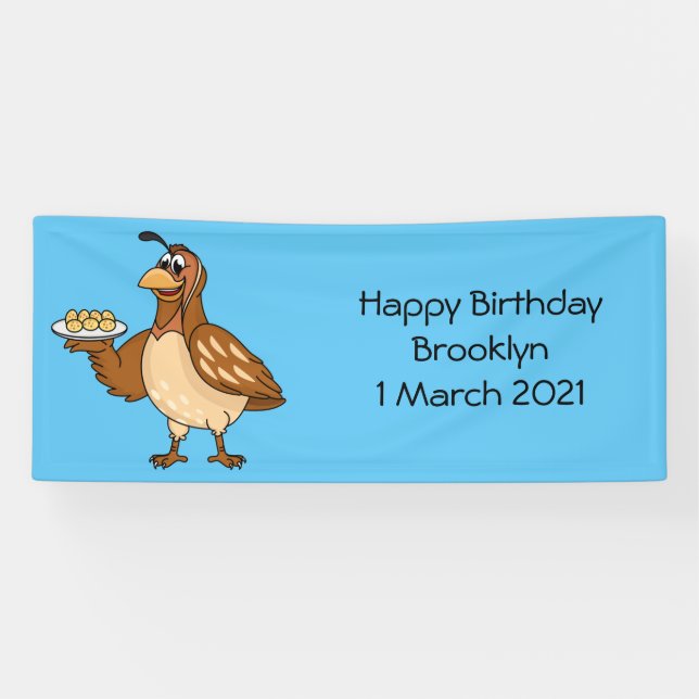 Happy quail with eggs cartoon banner (Horizontal)