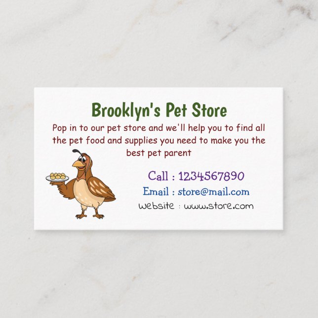 Happy quail with eggs cartoon business card (Front)
