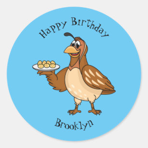 Happy quail with eggs cartoon  classic round sticker