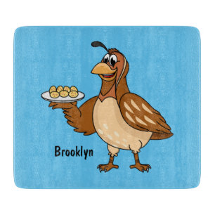Happy quail with eggs cartoon cutting board