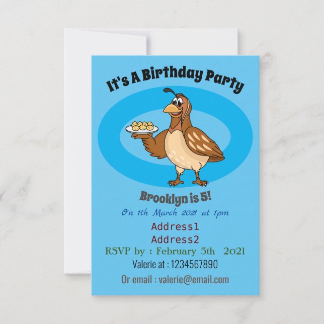 Happy quail with eggs cartoon invitation (Front)