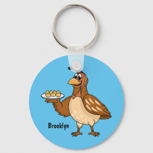 Happy quail with eggs cartoon key ring