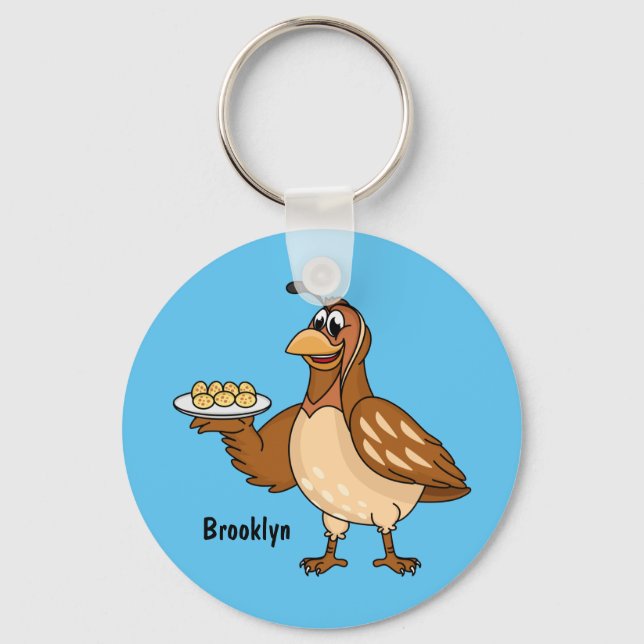 Happy quail with eggs cartoon key ring (Front)