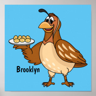 Happy quail with eggs cartoon poster